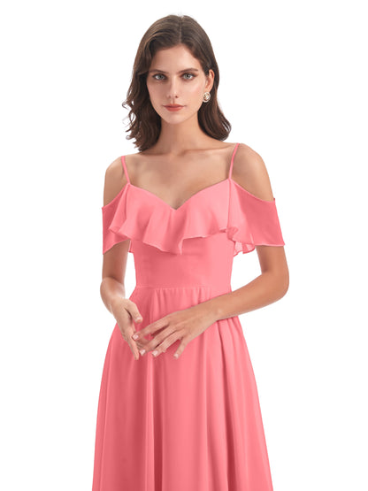 Miya A-line Floor Length Spaghetti Straps Ruffles Long Bridesmaid Dresses