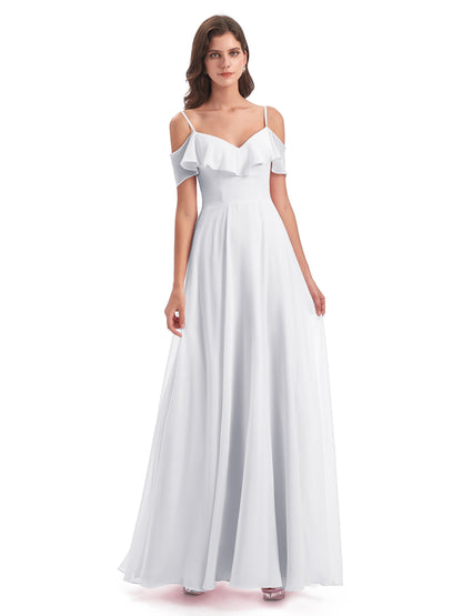 Miya A-line Floor Length Spaghetti Straps Ruffles Long Bridesmaid Dresses
