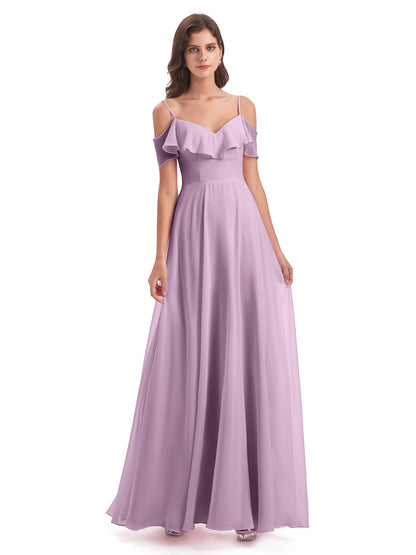 Miya A-line Floor Length Spaghetti Straps Ruffles Long Bridesmaid Dresses