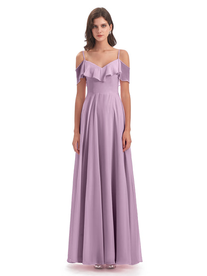 Miya A-line Floor Length Spaghetti Straps Ruffles Long Bridesmaid Dresses