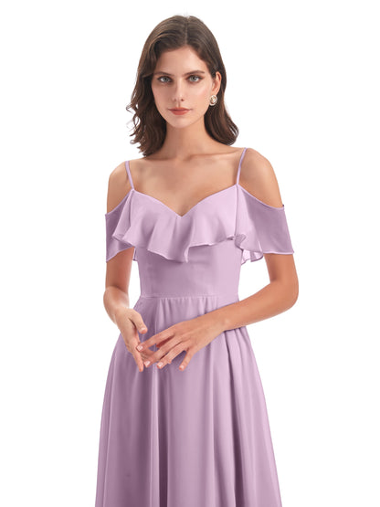 Miya A-line Floor Length Spaghetti Straps Ruffles Long Bridesmaid Dresses