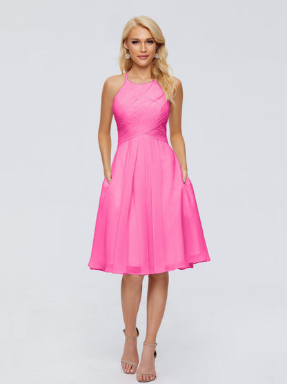 Molly Halter Knee Length Chiffon Bridesmaid Dresses With Pockets