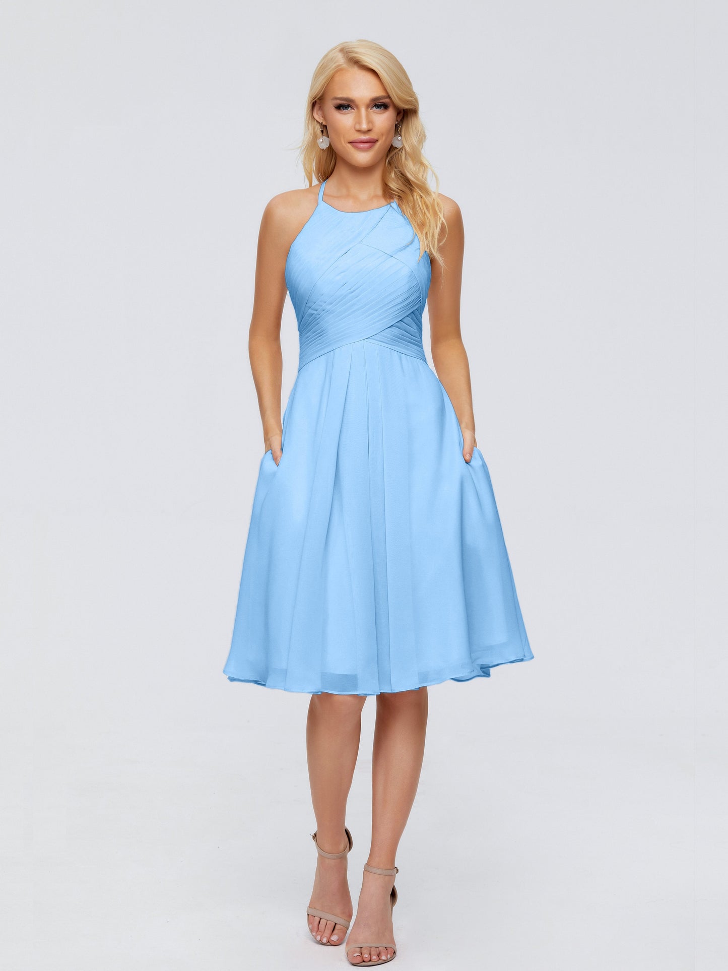 Molly Halter Knee Length Chiffon Bridesmaid Dresses With Pockets