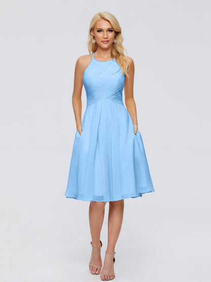 Molly Halter Knee Length Chiffon Bridesmaid Dresses With Pockets