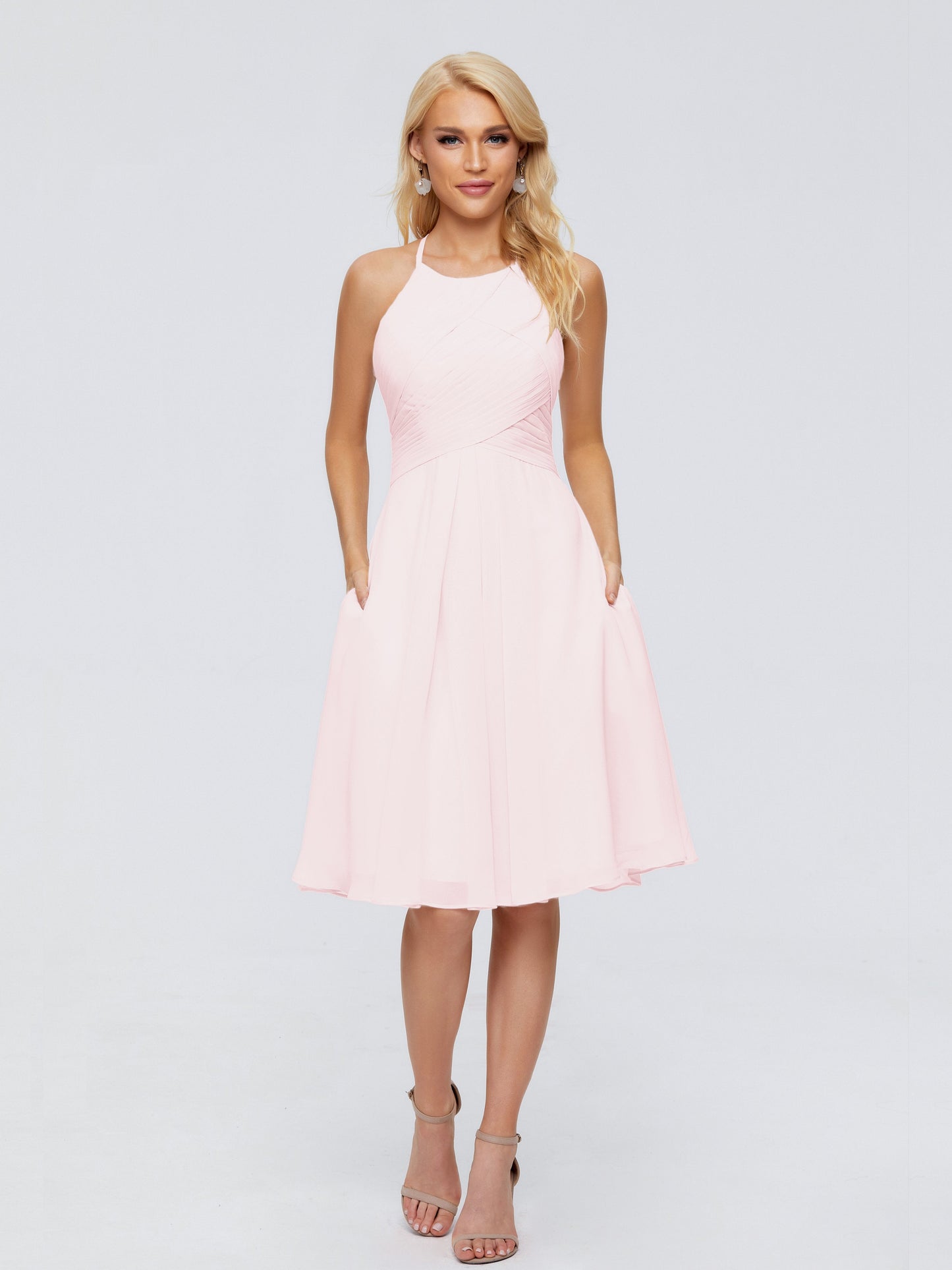 Molly Halter Knee Length Chiffon Bridesmaid Dresses With Pockets