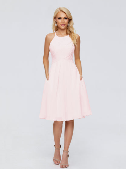 Molly Halter Knee Length Chiffon Bridesmaid Dresses With Pockets