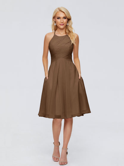 Molly Halter Knee Length Chiffon Bridesmaid Dresses With Pockets