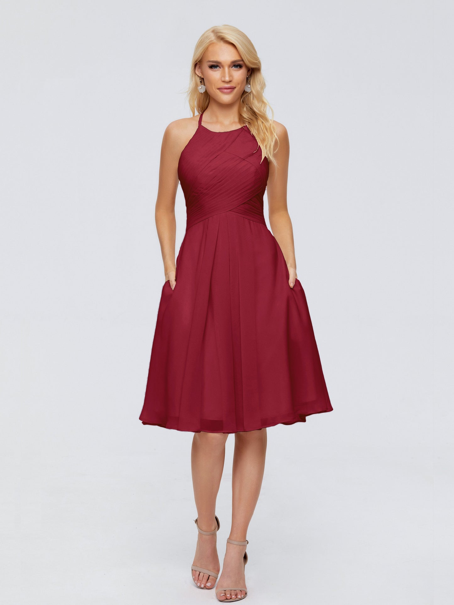 Molly Halter Knee Length Chiffon Bridesmaid Dresses With Pockets