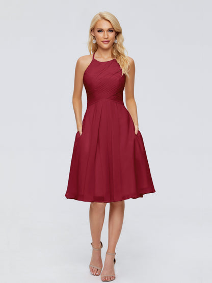 Molly Halter Knee Length Chiffon Bridesmaid Dresses With Pockets