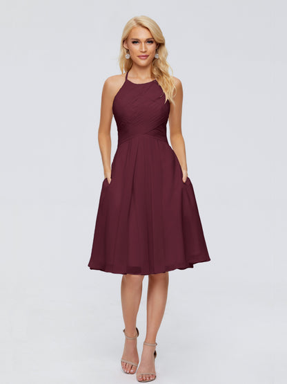 Molly Halter Knee Length Chiffon Bridesmaid Dresses With Pockets