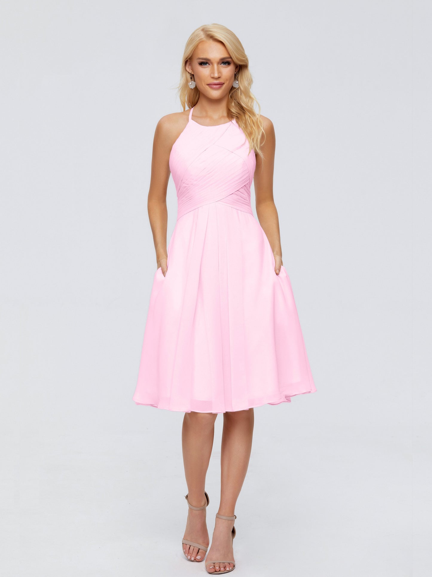 Molly Halter Knee Length Chiffon Bridesmaid Dresses With Pockets