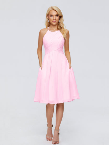 Molly Halter Knee Length Chiffon Bridesmaid Dresses With Pockets
