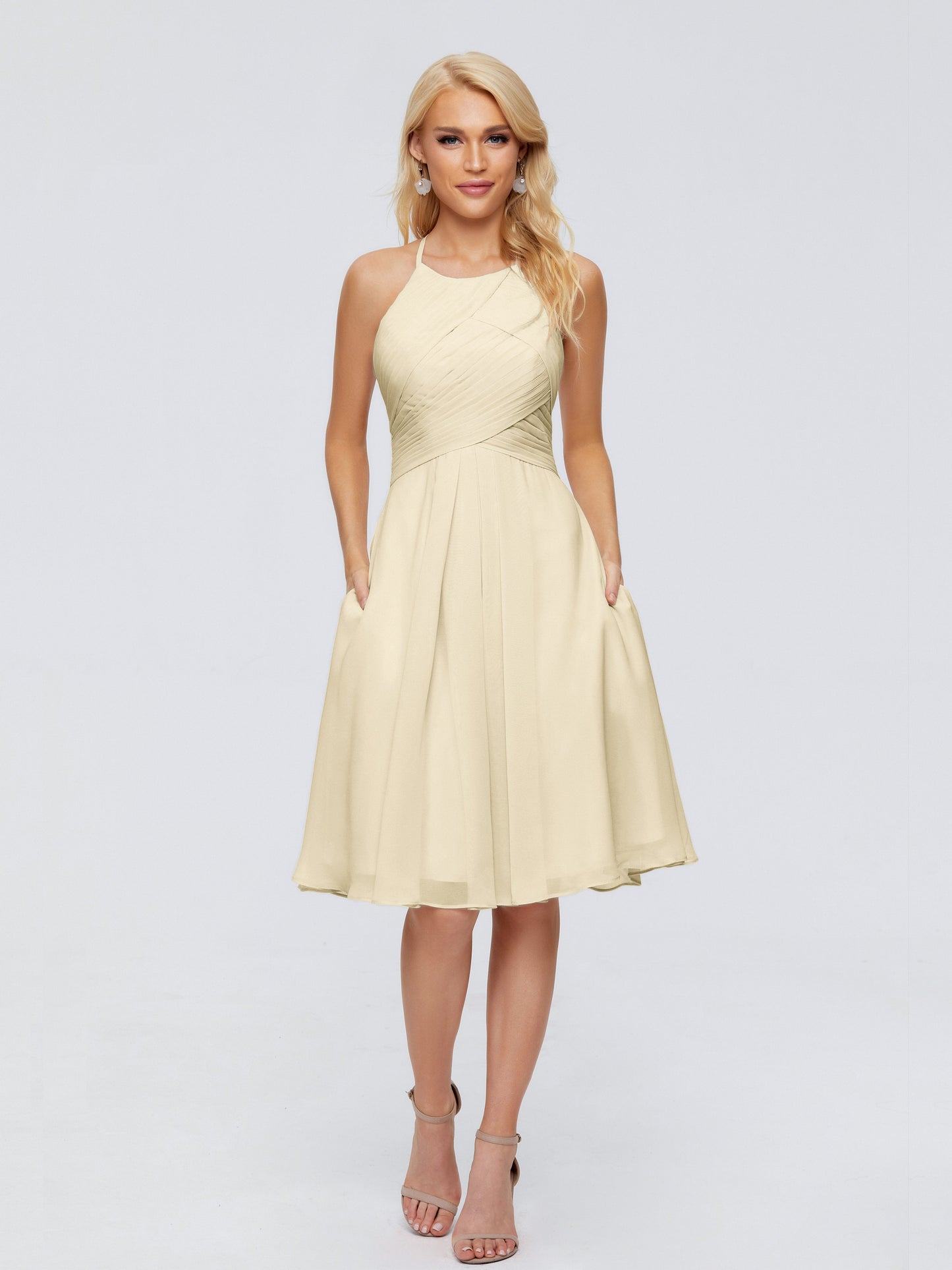 Molly Halter Knee Length Chiffon Bridesmaid Dresses With Pockets