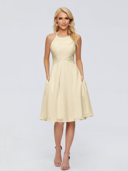 Molly Halter Knee Length Chiffon Bridesmaid Dresses With Pockets