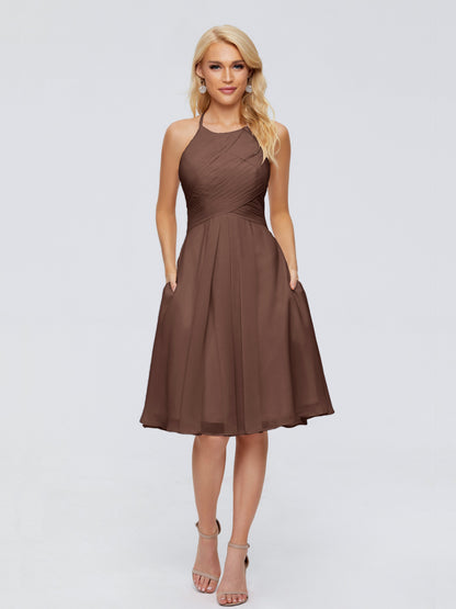 Molly Halter Knee Length Chiffon Bridesmaid Dresses With Pockets