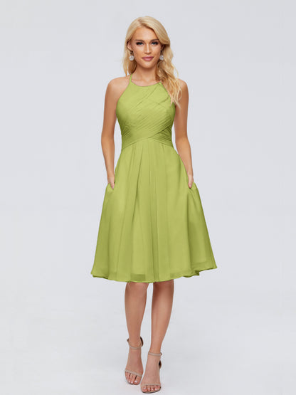 Molly Halter Knee Length Chiffon Bridesmaid Dresses With Pockets
