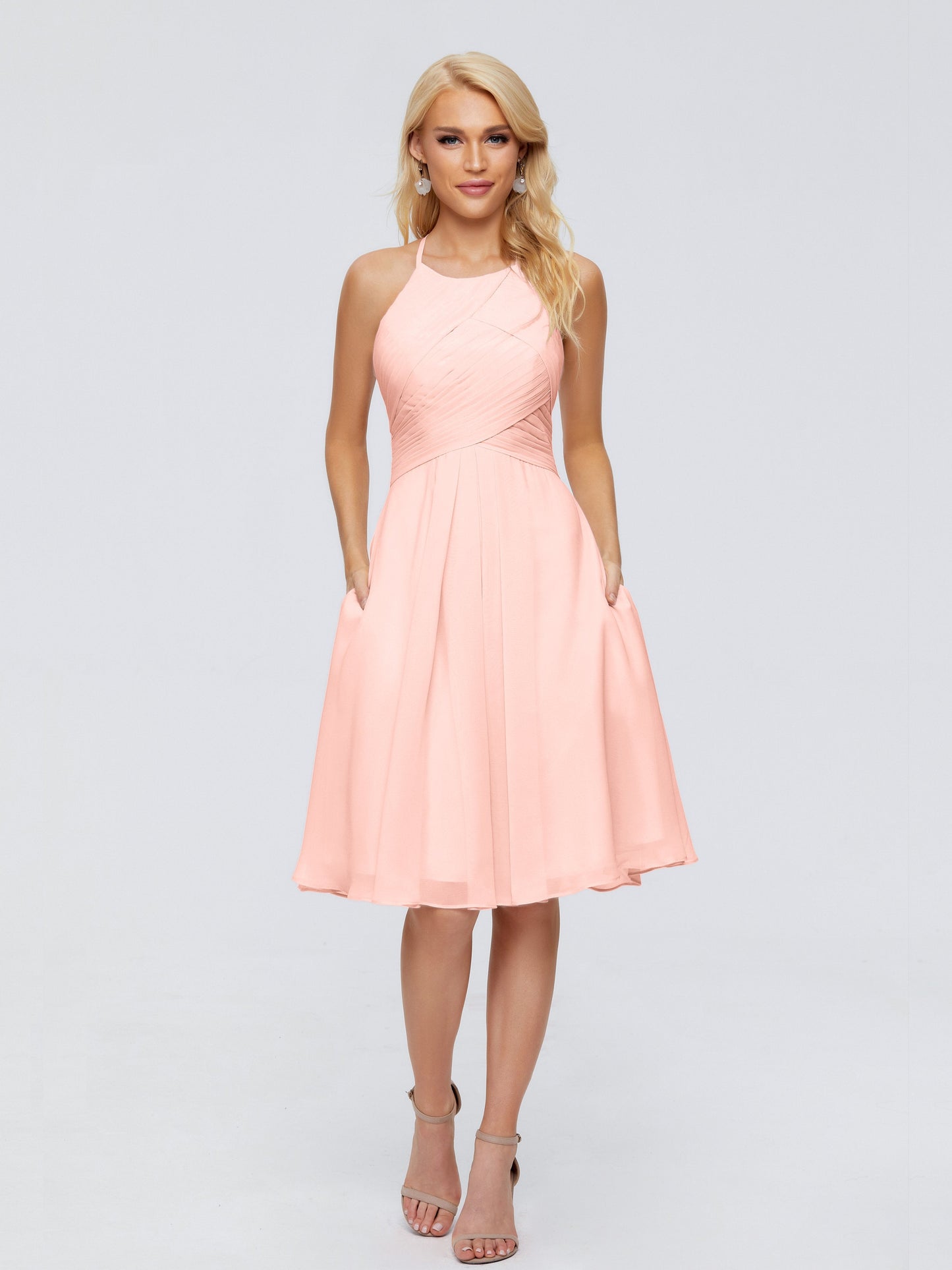 Molly Halter Knee Length Chiffon Bridesmaid Dresses With Pockets