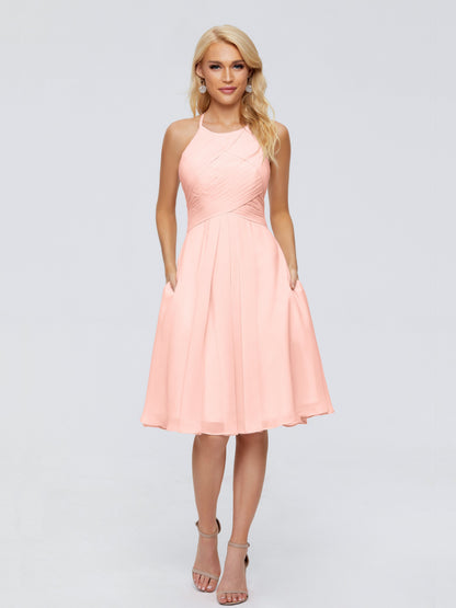 Molly Halter Knee Length Chiffon Bridesmaid Dresses With Pockets
