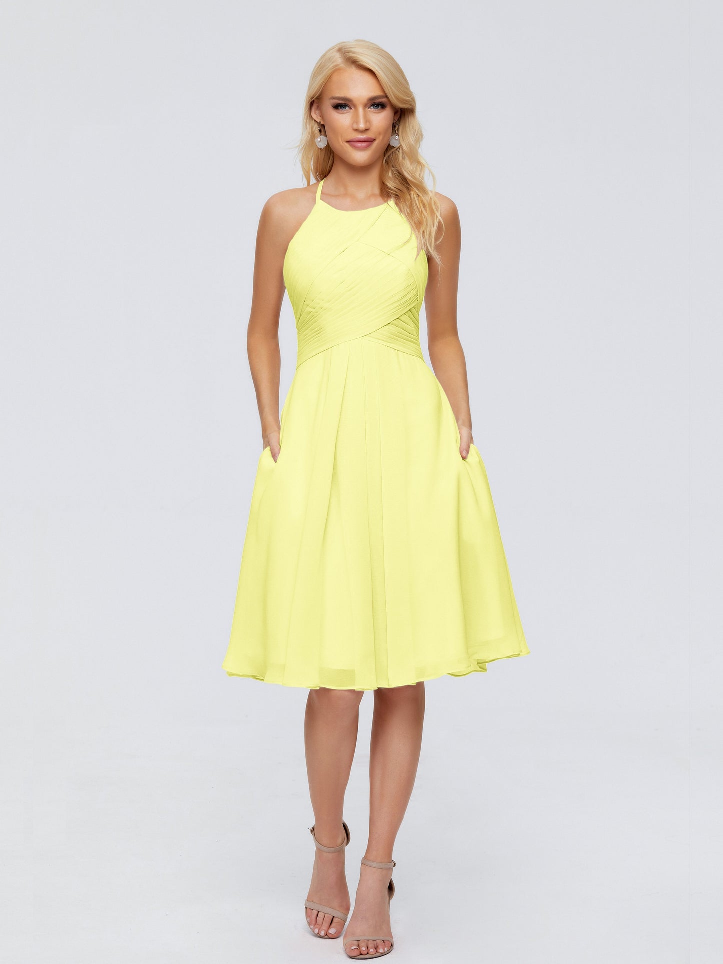 Molly Halter Knee Length Chiffon Bridesmaid Dresses With Pockets