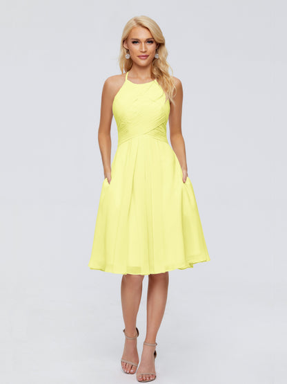 Molly Halter Knee Length Chiffon Bridesmaid Dresses With Pockets