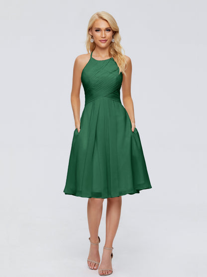 Molly Halter Knee Length Chiffon Bridesmaid Dresses With Pockets