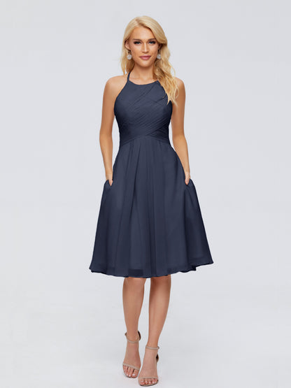 Molly Halter Knee Length Chiffon Bridesmaid Dresses With Pockets