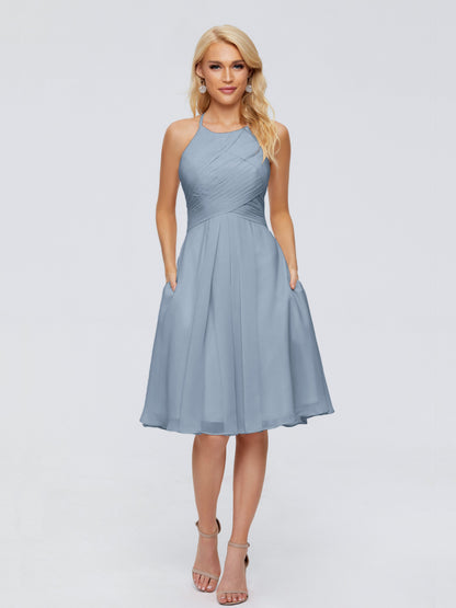 Molly Halter Knee Length Chiffon Bridesmaid Dresses With Pockets
