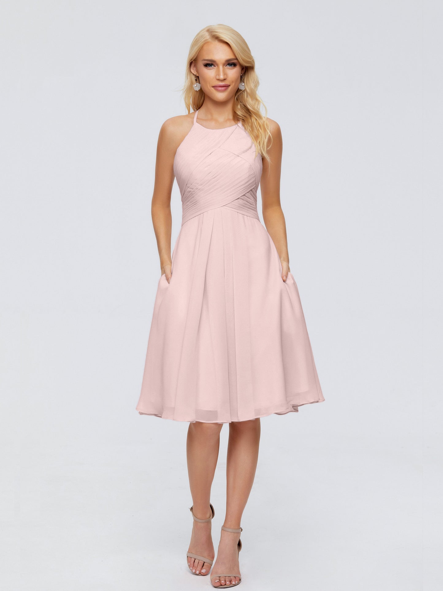 Molly Halter Knee Length Chiffon Bridesmaid Dresses With Pockets