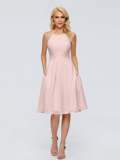 Molly Halter Knee Length Chiffon Bridesmaid Dresses With Pockets