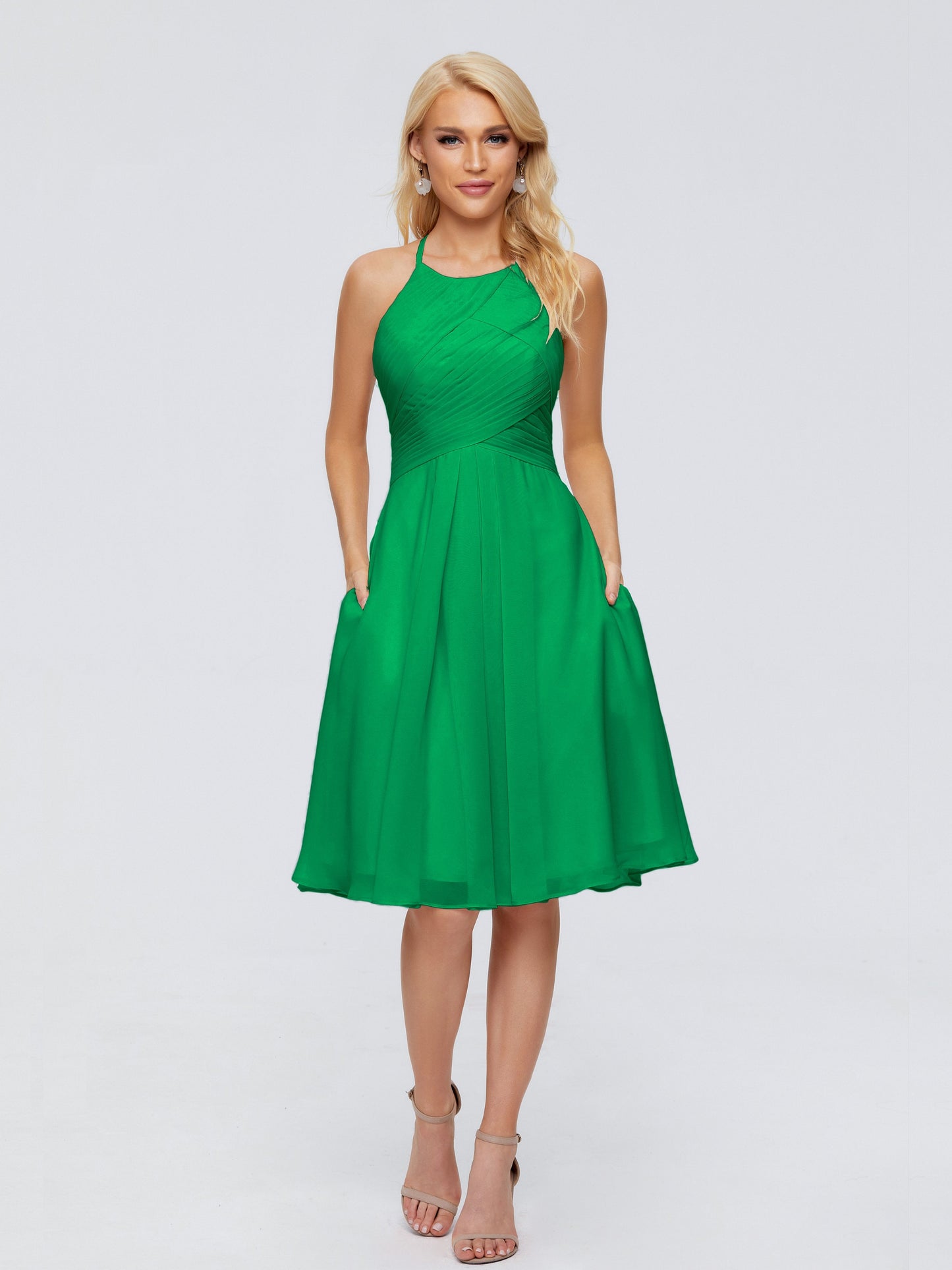 Molly Halter Knee Length Chiffon Bridesmaid Dresses With Pockets