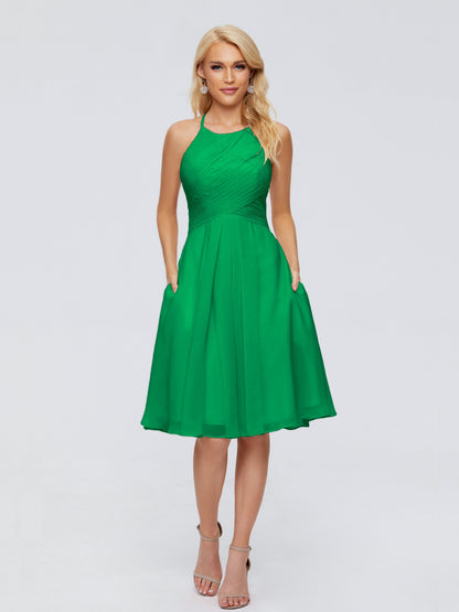 Molly Halter Knee Length Chiffon Bridesmaid Dresses With Pockets