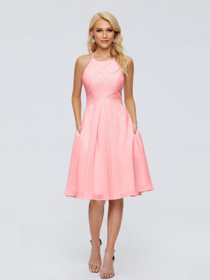 Molly Halter Knee Length Chiffon Bridesmaid Dresses With Pockets