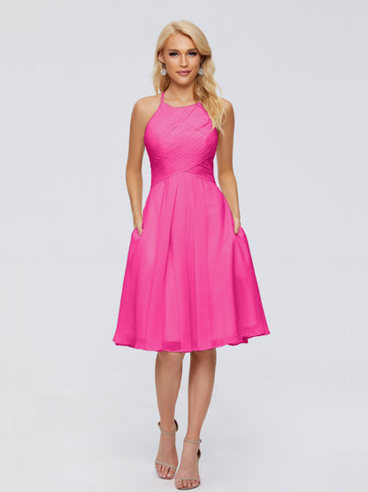 Molly Halter Knee Length Chiffon Bridesmaid Dresses With Pockets