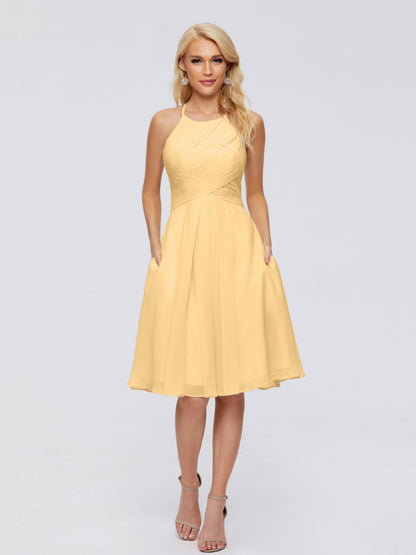 Molly Halter Knee Length Chiffon Bridesmaid Dresses With Pockets