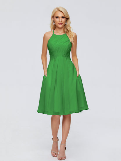 Molly Halter Knee Length Chiffon Bridesmaid Dresses With Pockets