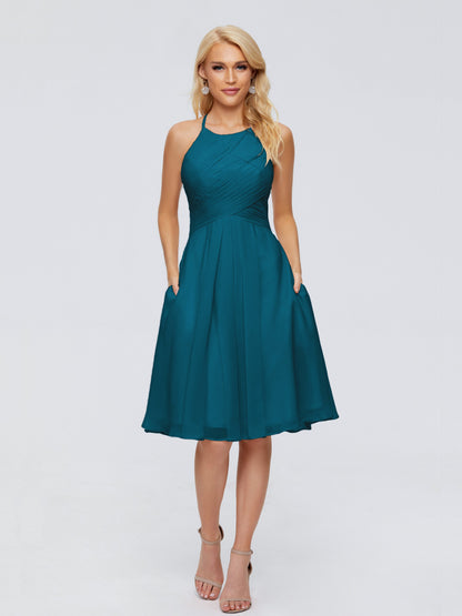 Molly Halter Knee Length Chiffon Bridesmaid Dresses With Pockets