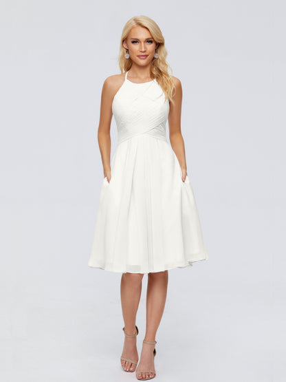 Molly Halter Knee Length Chiffon Bridesmaid Dresses With Pockets