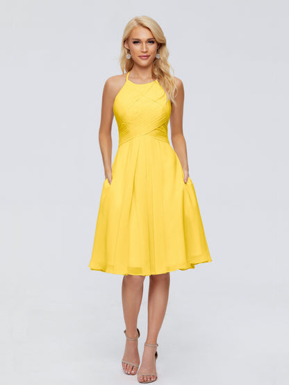 Molly Halter Knee Length Chiffon Bridesmaid Dresses With Pockets