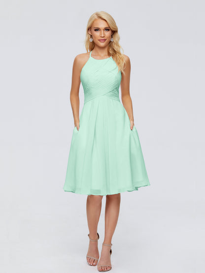 Molly Halter Knee Length Chiffon Bridesmaid Dresses With Pockets