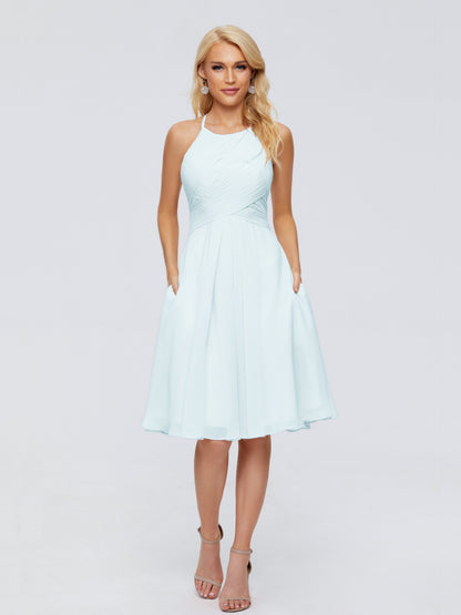 Molly Halter Knee Length Chiffon Bridesmaid Dresses With Pockets
