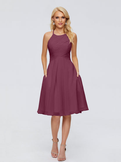 Molly Halter Knee Length Chiffon Bridesmaid Dresses With Pockets