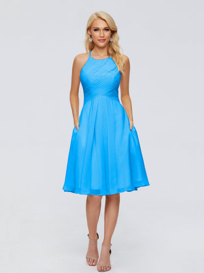 Molly Halter Knee Length Chiffon Bridesmaid Dresses With Pockets