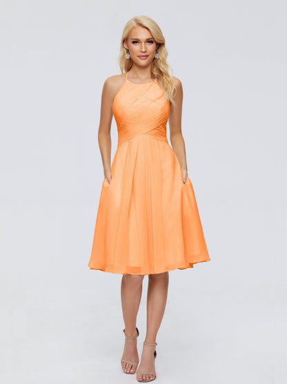 Molly Halter Knee Length Chiffon Bridesmaid Dresses With Pockets