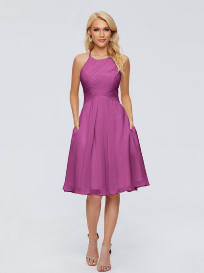 Molly Halter Knee Length Chiffon Bridesmaid Dresses With Pockets