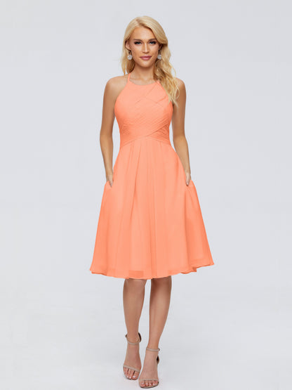 Molly Halter Knee Length Chiffon Bridesmaid Dresses With Pockets