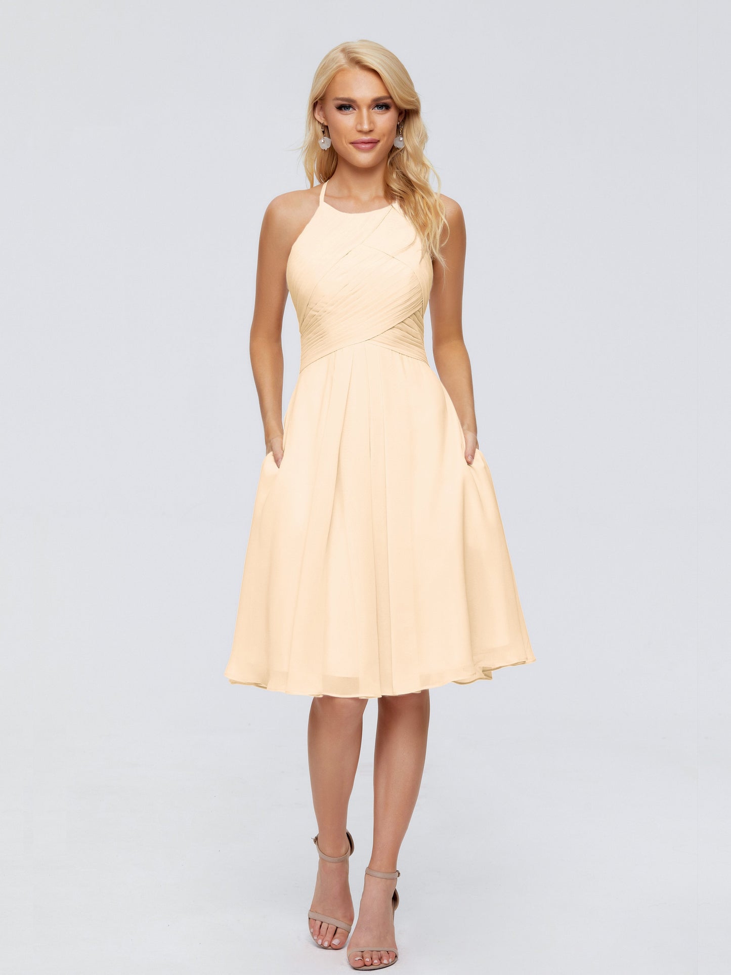 Molly Halter Knee Length Chiffon Bridesmaid Dresses With Pockets