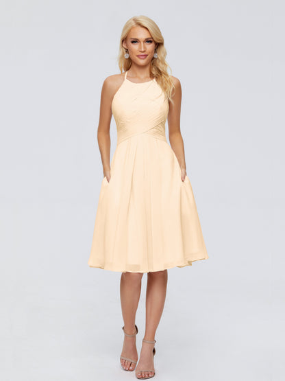 Molly Halter Knee Length Chiffon Bridesmaid Dresses With Pockets