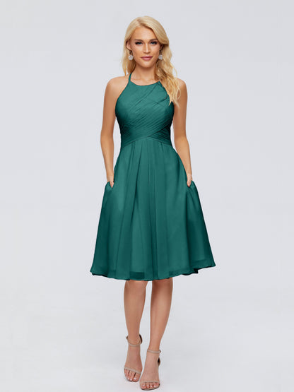 Molly Halter Knee Length Chiffon Bridesmaid Dresses With Pockets
