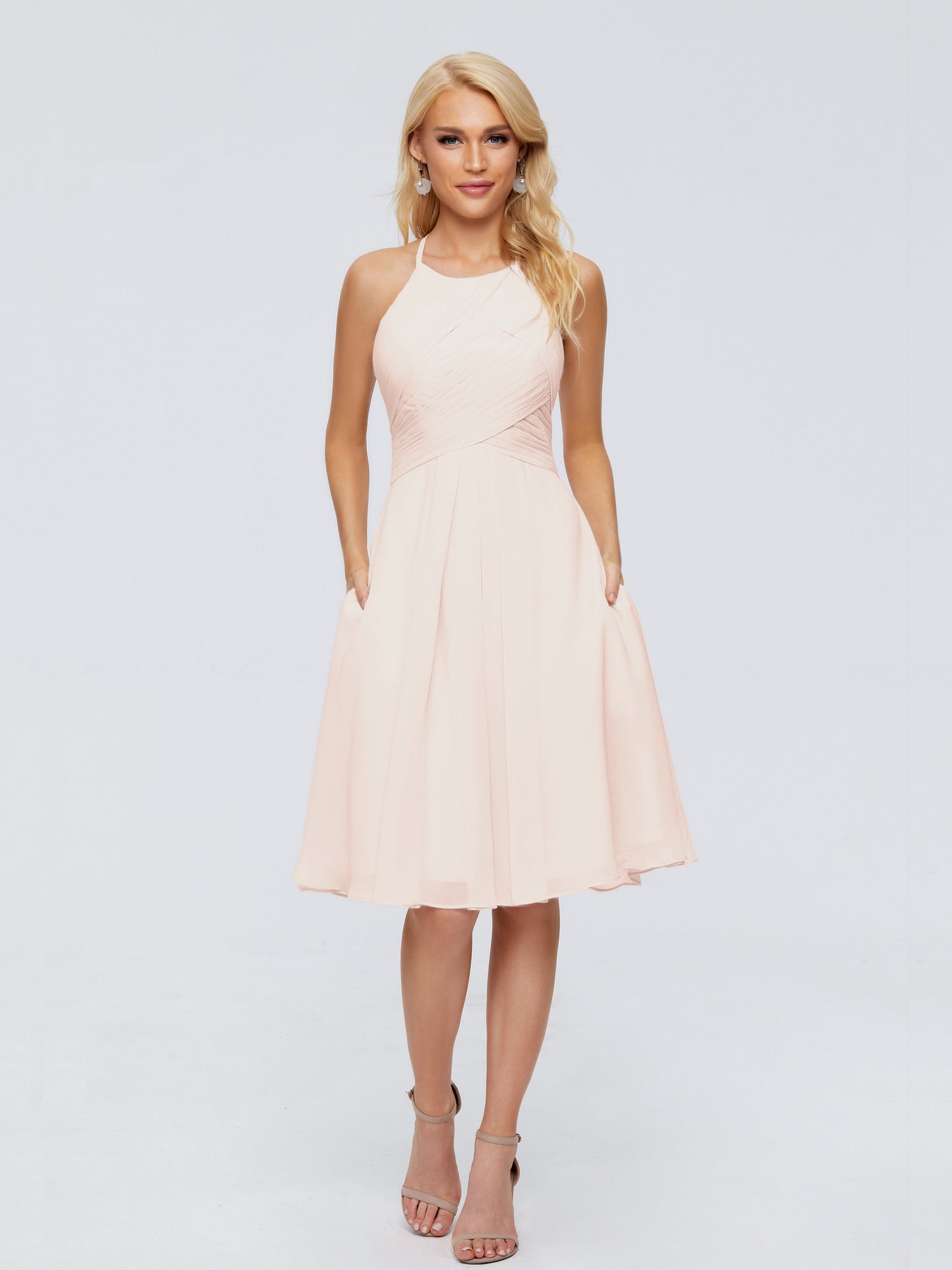 Molly Halter Knee Length Chiffon Bridesmaid Dresses With Pockets