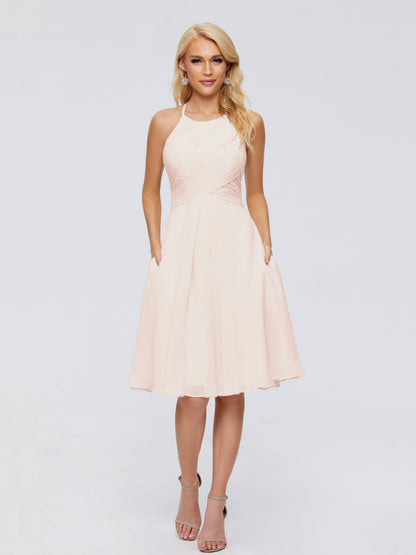 Molly Halter Knee Length Chiffon Bridesmaid Dresses With Pockets